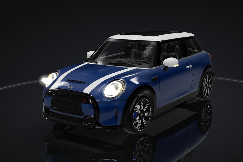 MINI J01 in 3D, front, headlights flashing