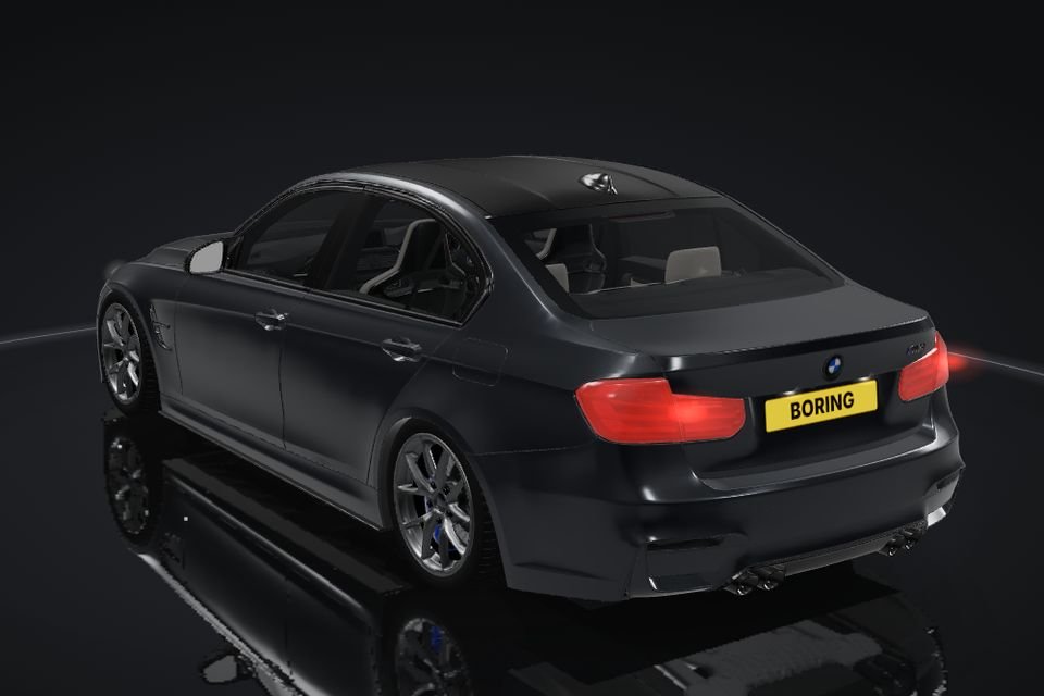 BMW M3 F80 in the app's 3D view, rear lights running a show