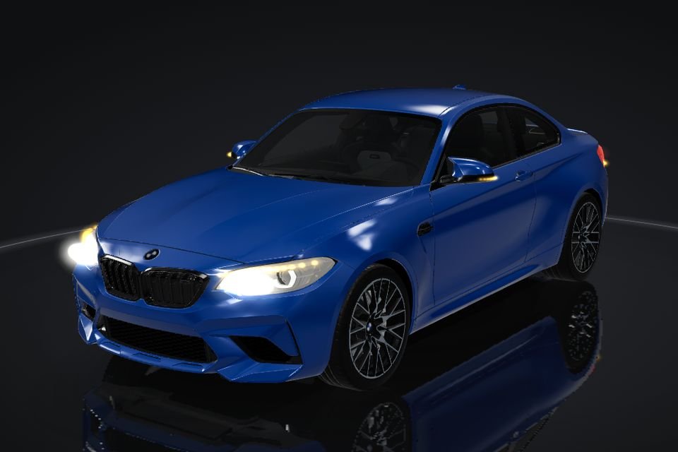 BMW M2 G87 in 3D, front, headlights flashing