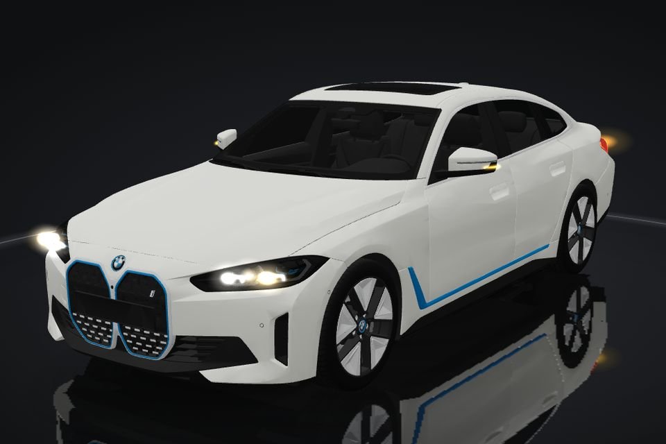 BMW i4 in 3D, front, headlights flashing