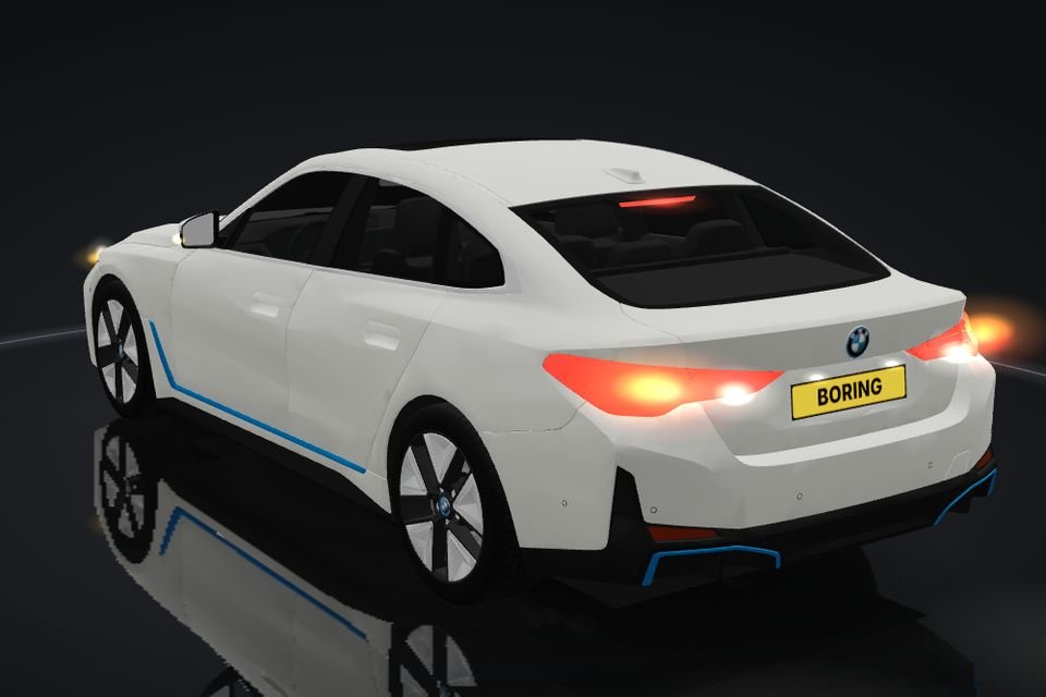 BMW i4 in 3D, rear, brake lights flashing