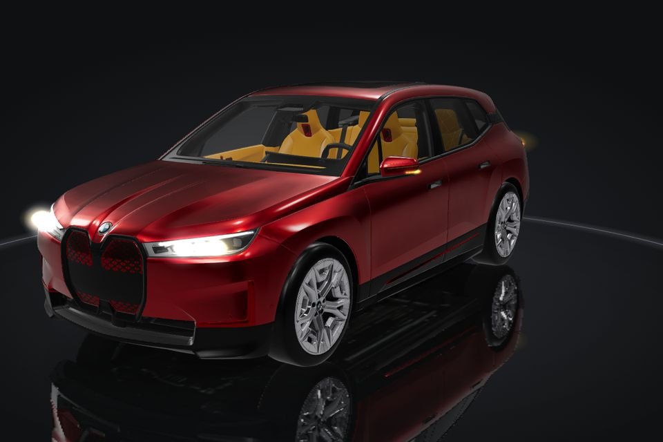 BMW iX in 3D, front, headlights flashing